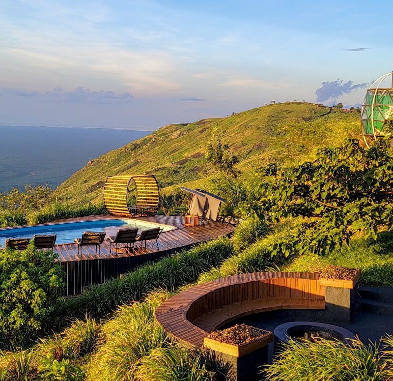 An aerial view of the swimming pool area at Aramaga Rift Valley Lodge, Kibale National Park An aerial view of the swimming pool area at Aramaga Rift Valley Lodge, Kibale National Park