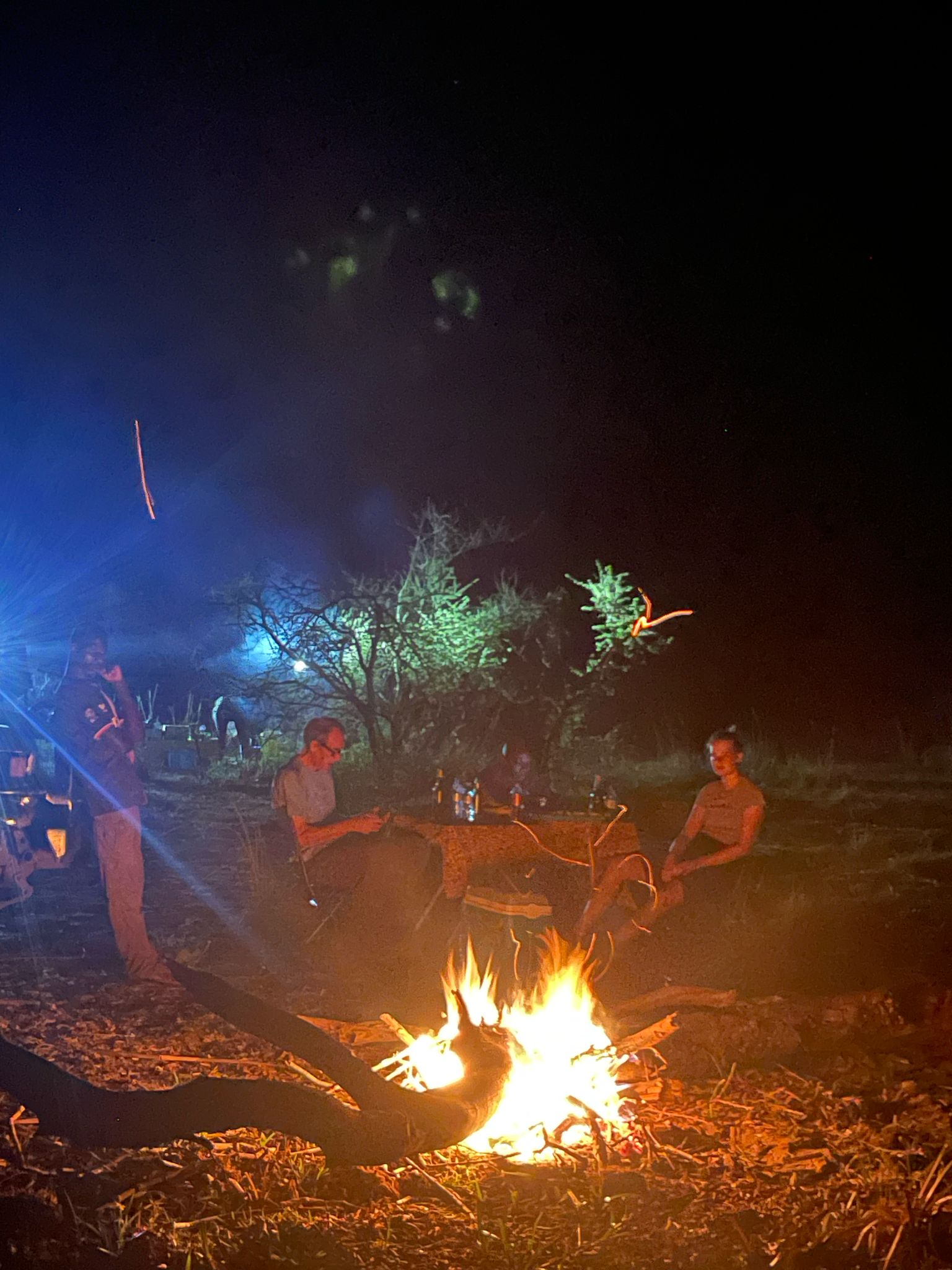 bush camp fire in protected areas of uganda, after bush dinner