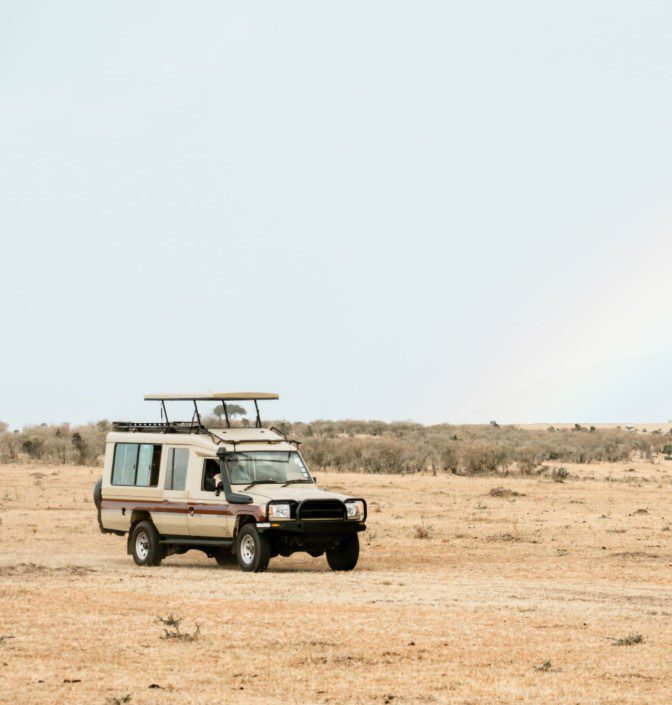 Scenic safari drive through the Masai Mara, with wildlife grazing on the savannah and expansive grasslands under a clear sky