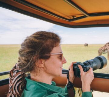 A tourist observing a group of elephants in the wild Masai Mara, Kenya, during a sunset  Group safari packages