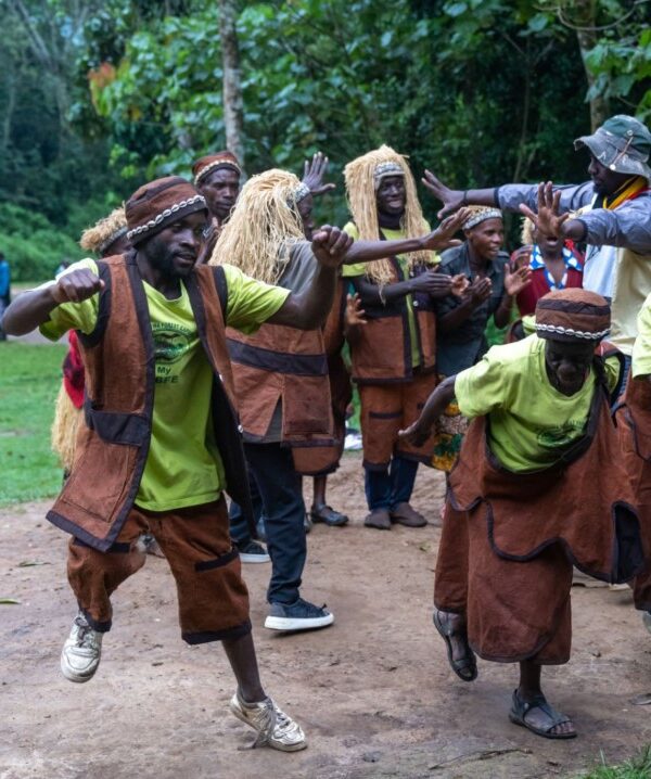 Batwa elders performing traditional dance in a forest clearing, showcasing rich cultural heritage and ancestral forest traditions.