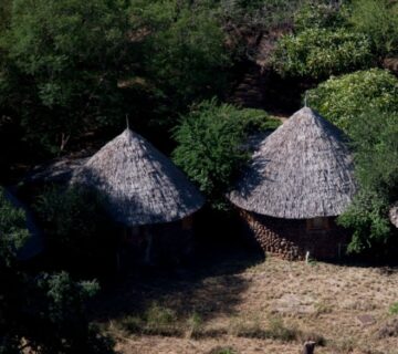 Mountain huts on Mount Kenya providing shelter for hikers amid scenic alpine landscapes and rugged terrain 
