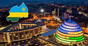 Panoramic view of Kigali city, showcasing its vibrant skyline, lush hills, and bustling urban life