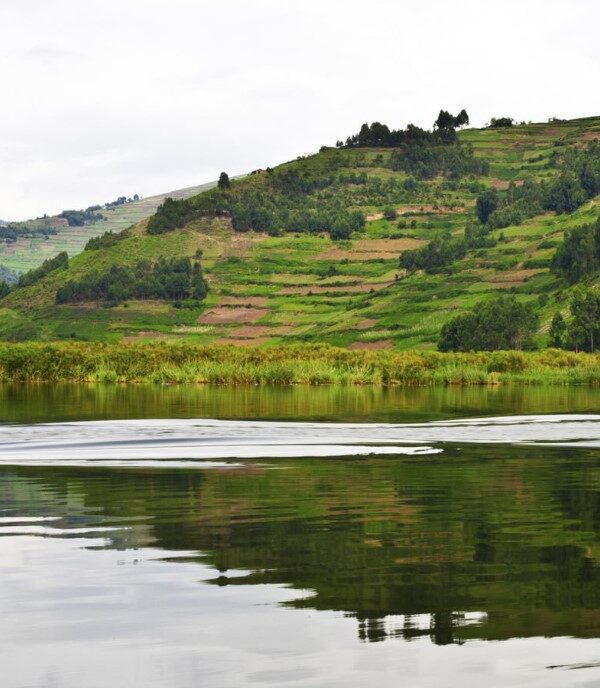 Scenic view of Lake Bunyonyi surrounded by lush green hills and traditional Ugandan village homes.