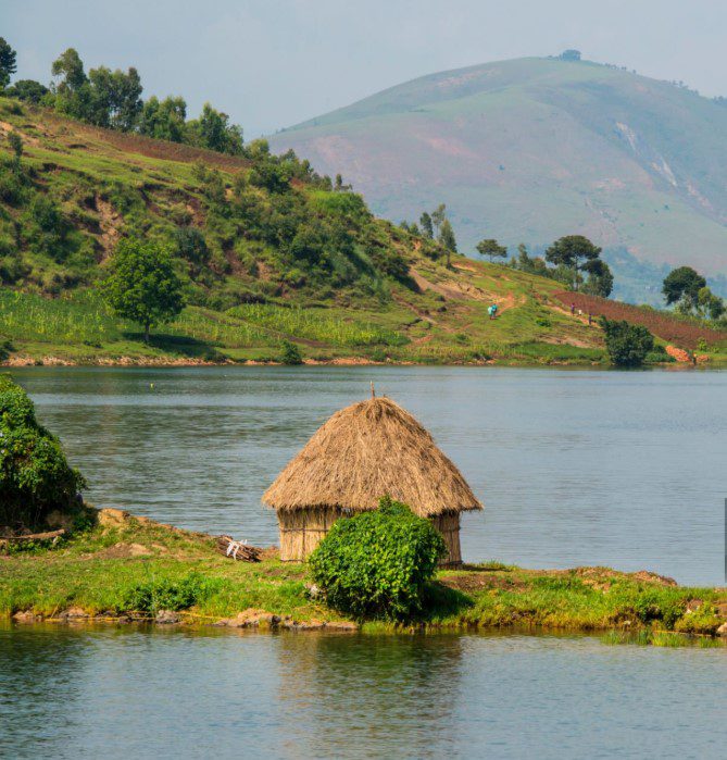Scenic view of Lake Kivu, showcasing its clear waters and surrounding lush hills, home to diverse fish species.