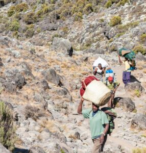 Porters on Mount Kenya carrying equipment along the trekking route.