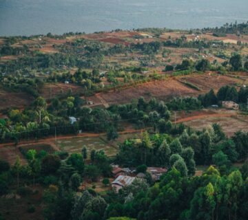 A paraglider soaring above Kenya's scenic Rift Valley with lush hills and expansive landscapes below 