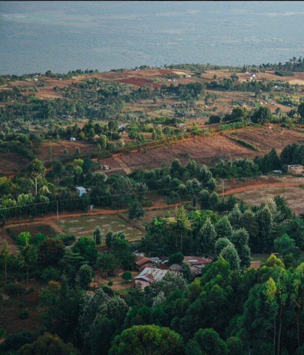 A paraglider soaring above Kenya's scenic Rift Valley with lush hills and expansive landscapes below.