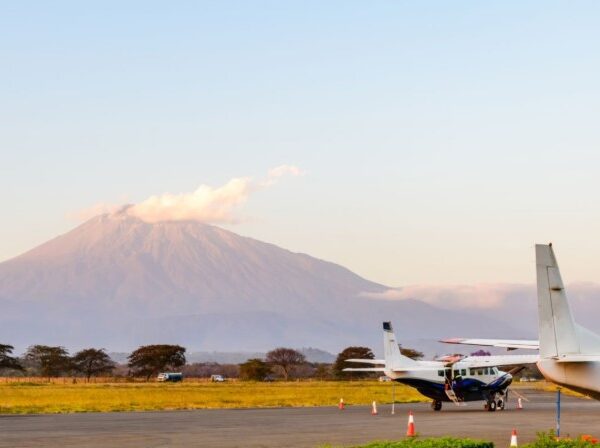 Small safari aircraft parked at a remote Serengeti airstrip with wildlife and savannah landscape in the background.