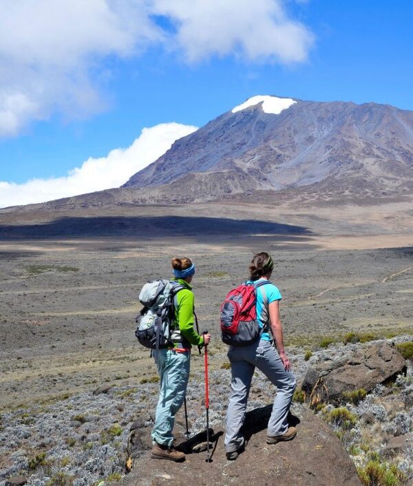 Two women hiking together on a scenic mountain trail, enjoying the breathtaking view and fresh air.
