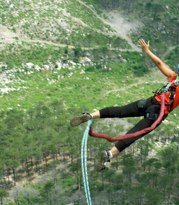 Bungee jumper leaping off a bridge with breathtaking views in Africa.