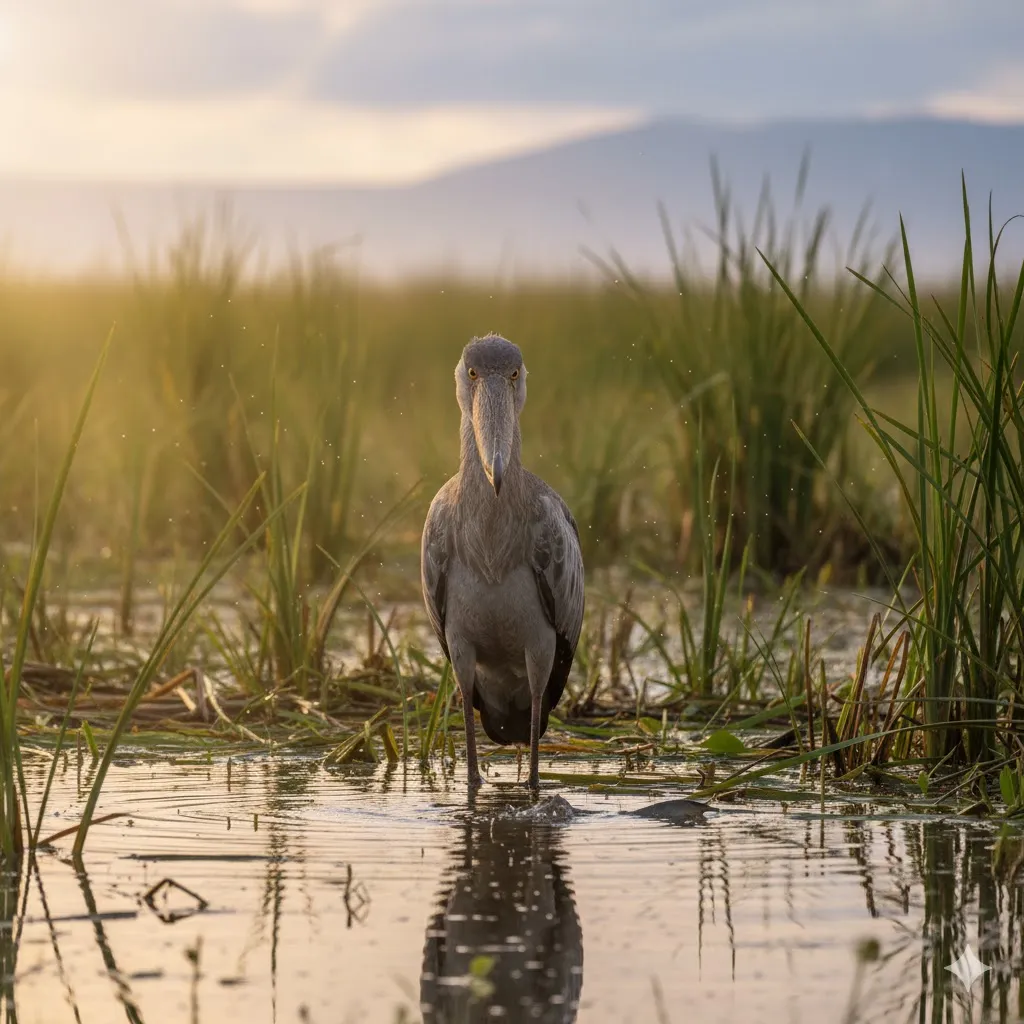 Shoebill standing quietly in protected wetland surrounded by lush papyrus and calm waters.