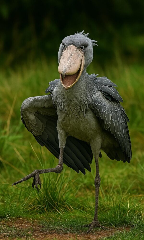 Shoebill stork performing its clattering display dance in the Murchison Falls delta wetlands 