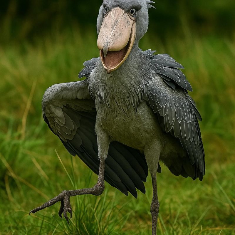Shoebill stork performing its clattering display dance in the Murchison Falls delta wetlands.