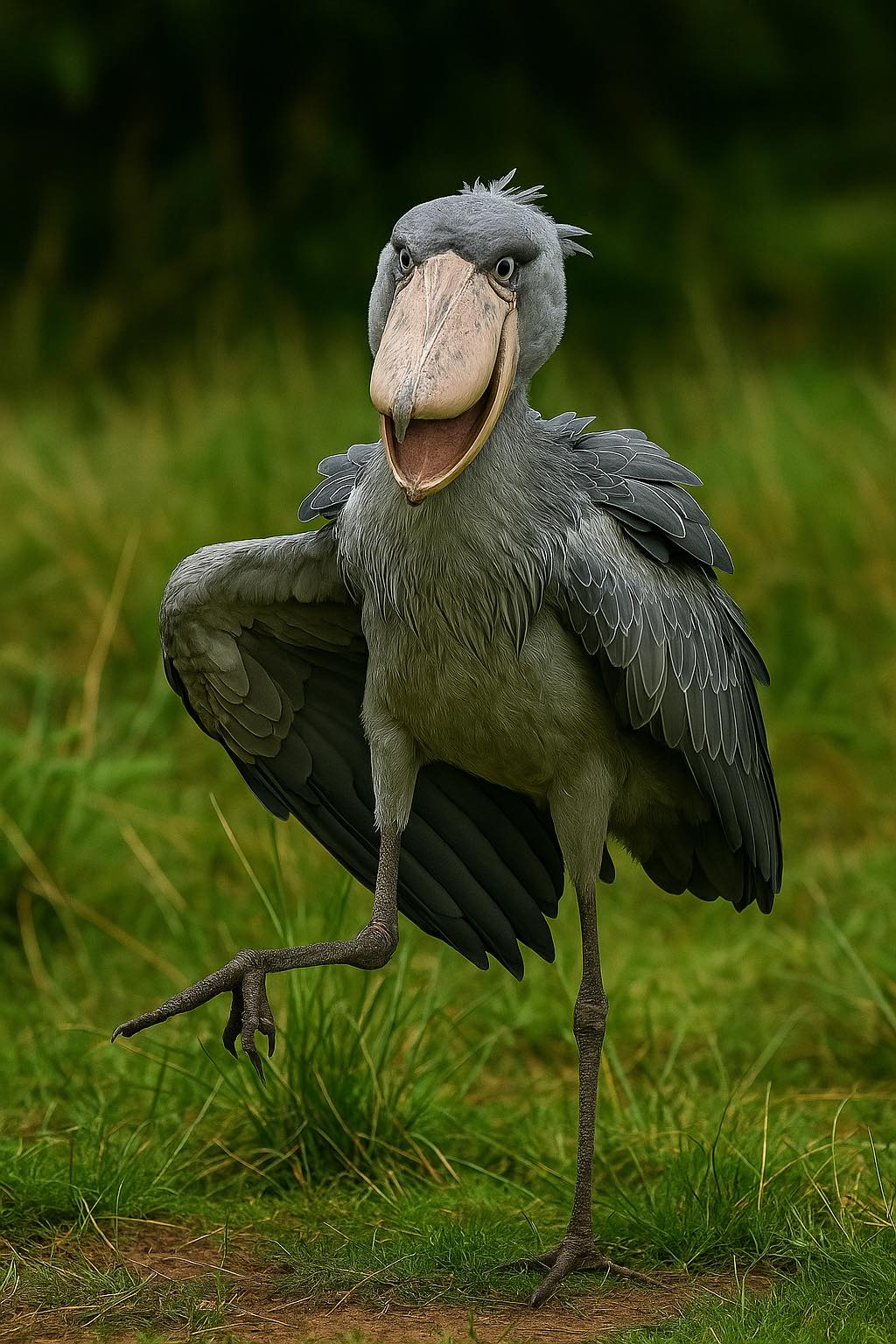 Shoebill stork performing its clattering display dance in the Murchison Falls delta wetlands