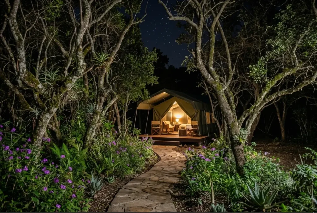 Birding lodge surrounded by Kenya's diverse habitats with colorful birds near safari camp gardens.