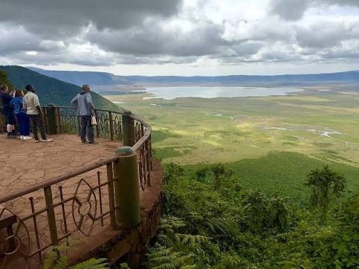 Ngorongoro Crater birdwatching with flamingos across volcanic wetlands and expansive grasslands Tanzania.