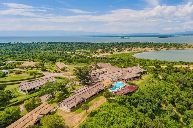 Safari lodges near Uganda wetlands surrounded by lush greenery and peaceful natural landscapes