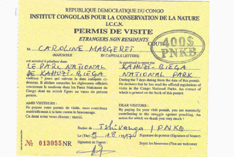 A sample DRC gorilla trekking permit document from the Congolese Institute for Nature Conservation