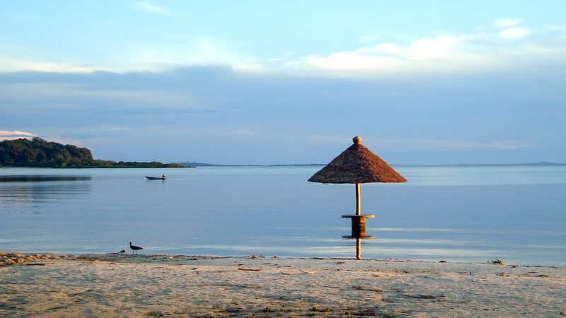 Thatched beach umbrella on the calm shore of a Ssese Island with a distant fishing boat
