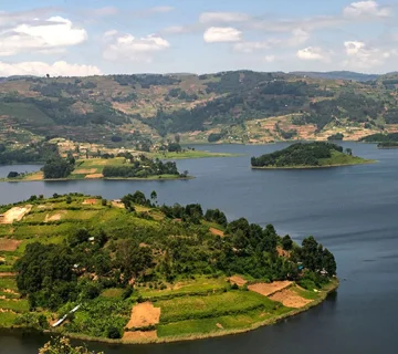 Aerial view of the islands and terraced hills of Lake Bunyonyi, Uganda