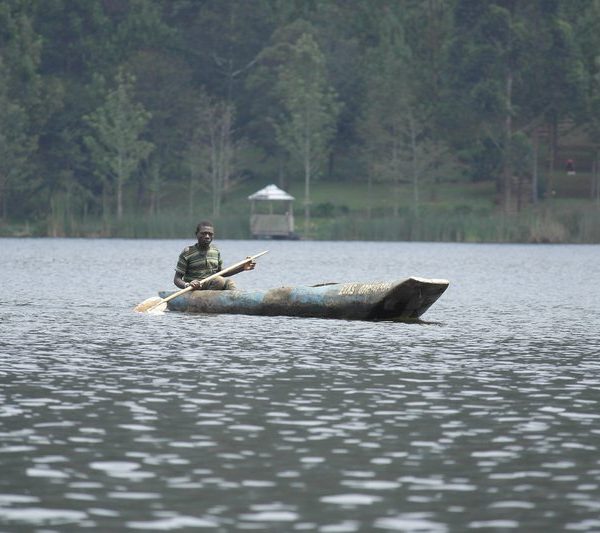 Traditional dugout canoe on Lake Bunyonyi, Uganda