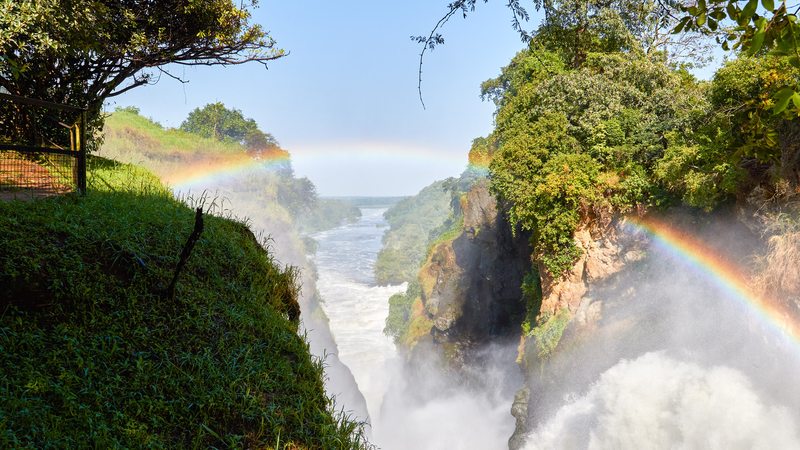Rainbow over the waterfall at Murchison Falls National Park, Uganda