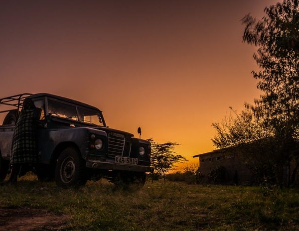 Dusk falling over a safari vehicle near Tarangire, Tanzania