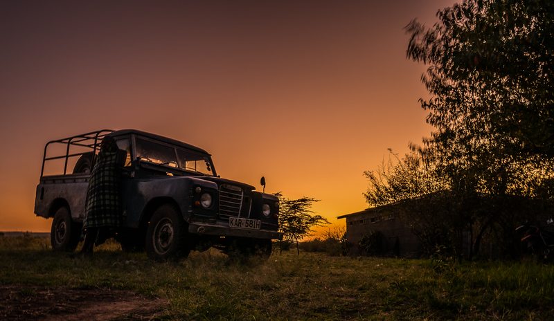 Dusk falling over a safari vehicle near Tarangire, Tanzania