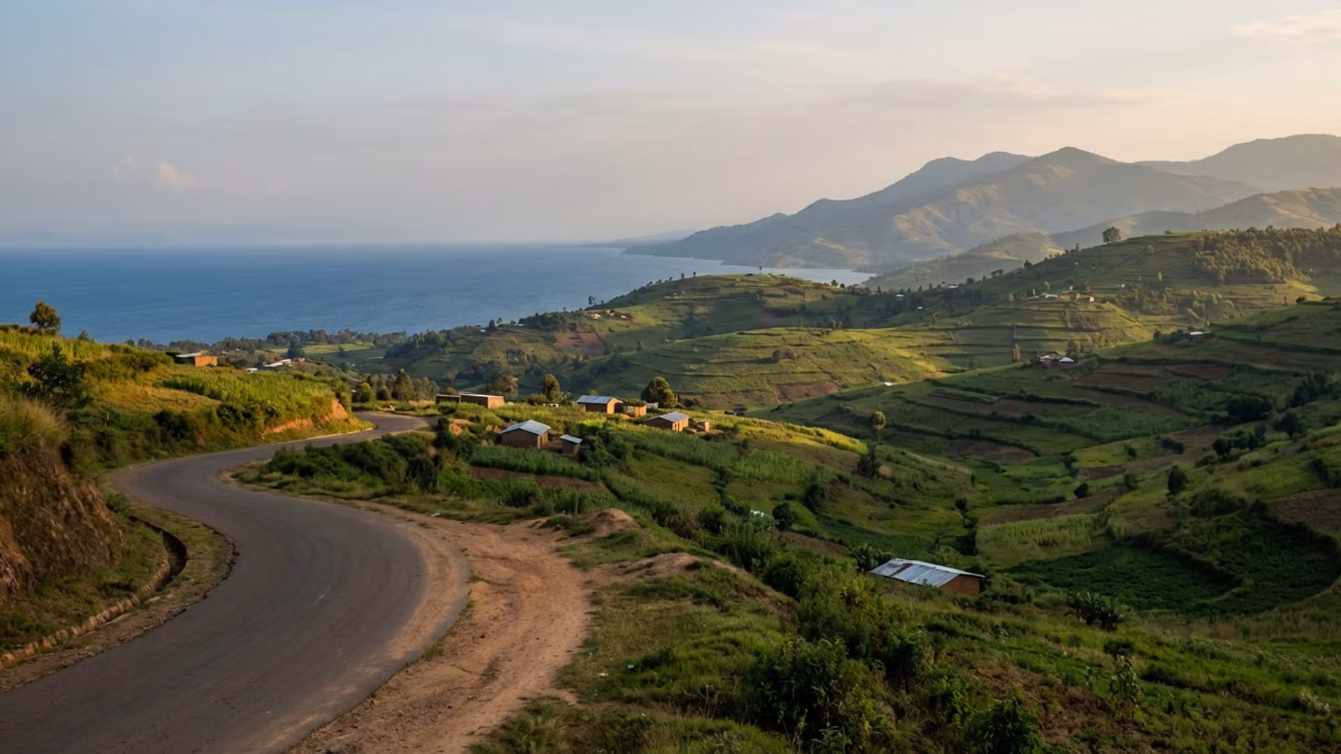 Rolling green hills, agricultural terraces and traditional countryside surrounding Gitega in central Burundi 