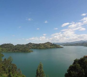Beautiful green islands surrounded by the blue waters of Lake Kivu near Karongi in western Rwanda 