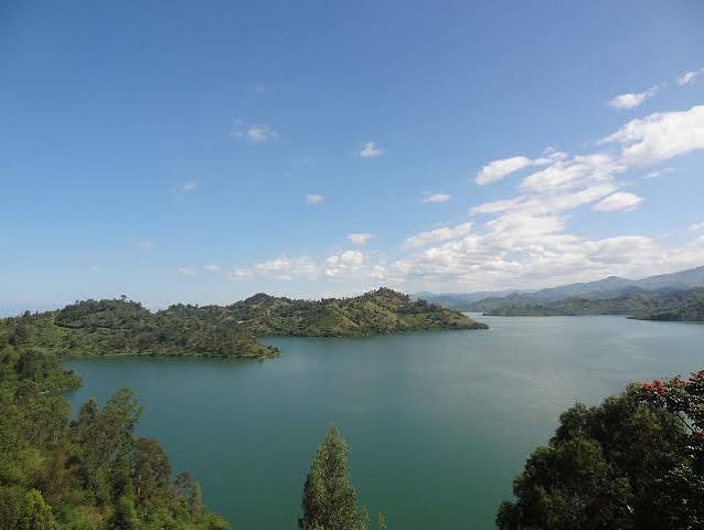 Beautiful green islands surrounded by the blue waters of Lake Kivu near Karongi in western Rwanda