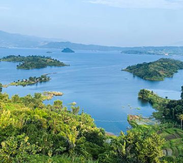 View of Lakes Burera and Ruhondo surrounded by terraced hills with the Virunga Volcanoes in northern Rwanda 